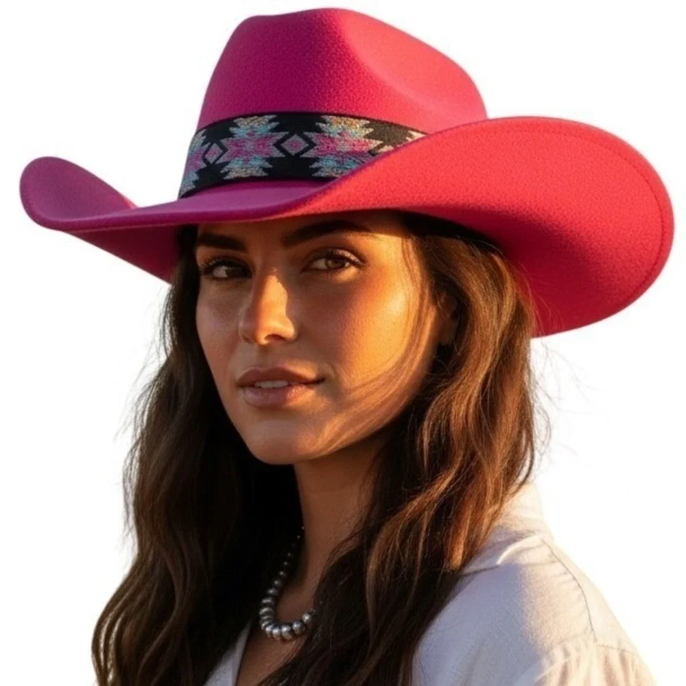 CC BEANIE Aztec Band Vegan Felt Western Cowboy Hat Pink Women NWT - Picture 1 of 8
